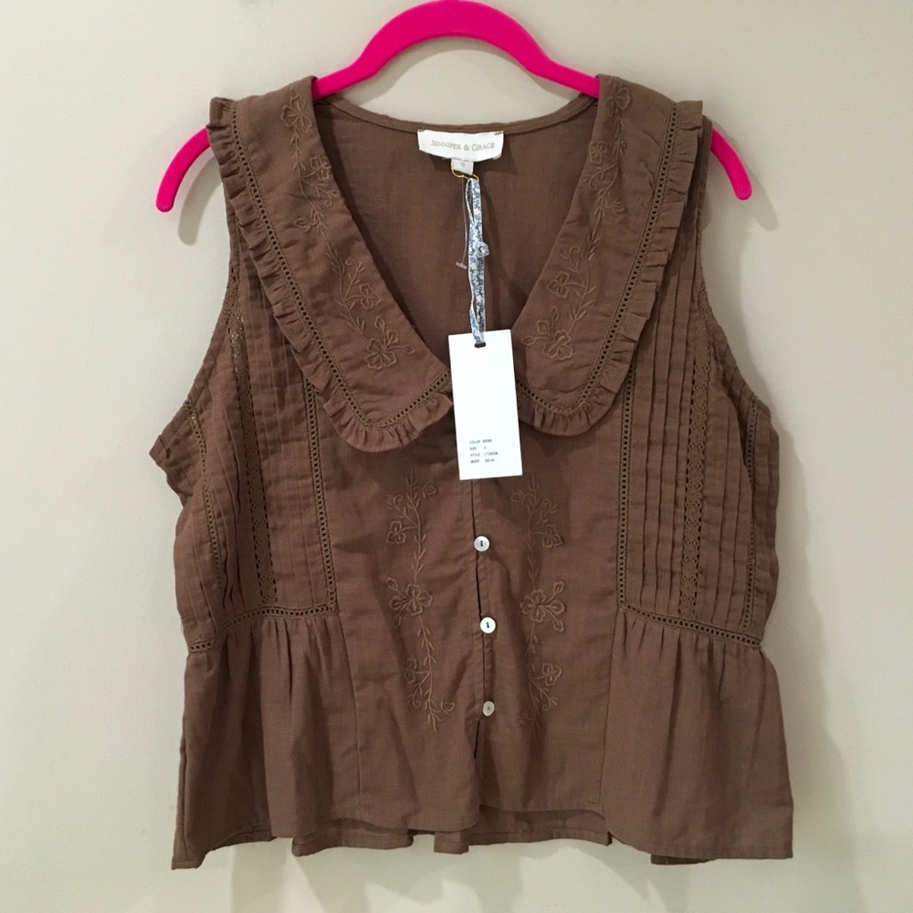 Jennifer & Grace Brown Embroidered Blouse Top Peter Pan Collar Pintuck Womens S